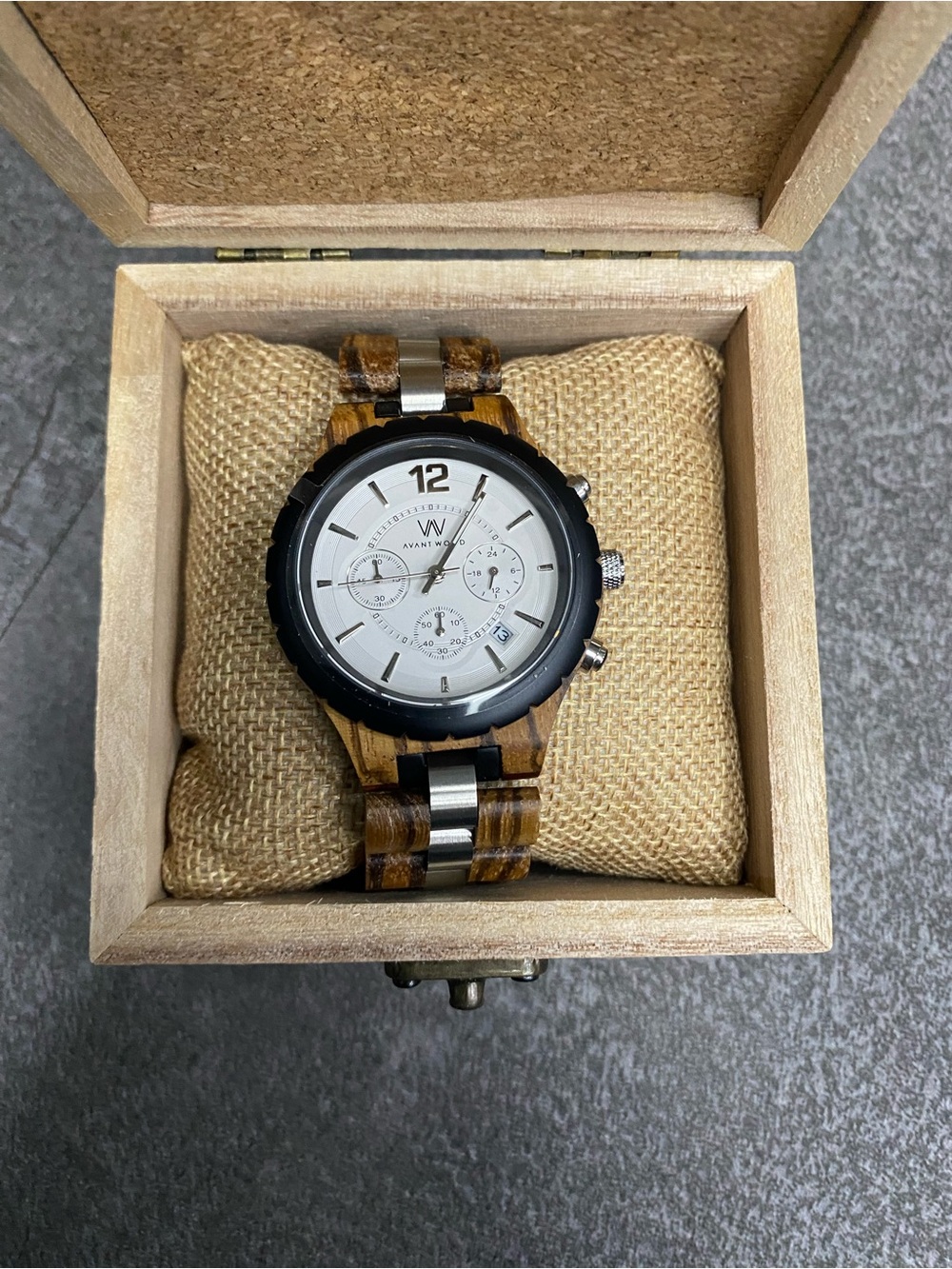 Men's Brown Wood & Silver Chronograph Watch